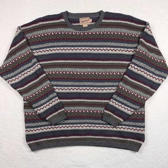 Vintage Woolrich Sweater Mens Large Fair Isle Stripe Cotton Knit Made USA - Picture 2 of 7